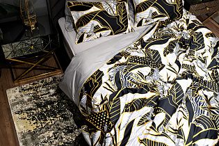 Комплект постельного белья "Тропики" золото/серый семейный с наволочками 50х70см